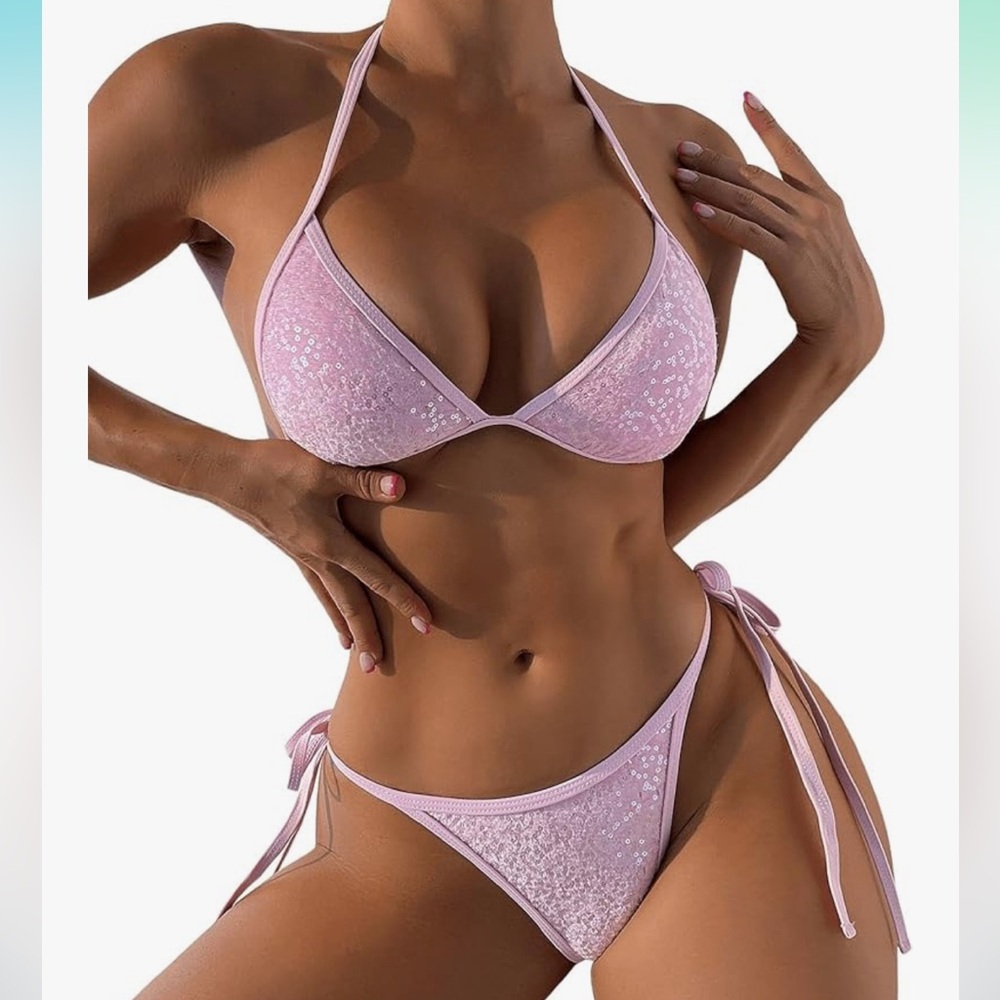 NWT Pink Sequin Bikini Set Amazon Sweatyrocks size XL - Picture 4 of 4